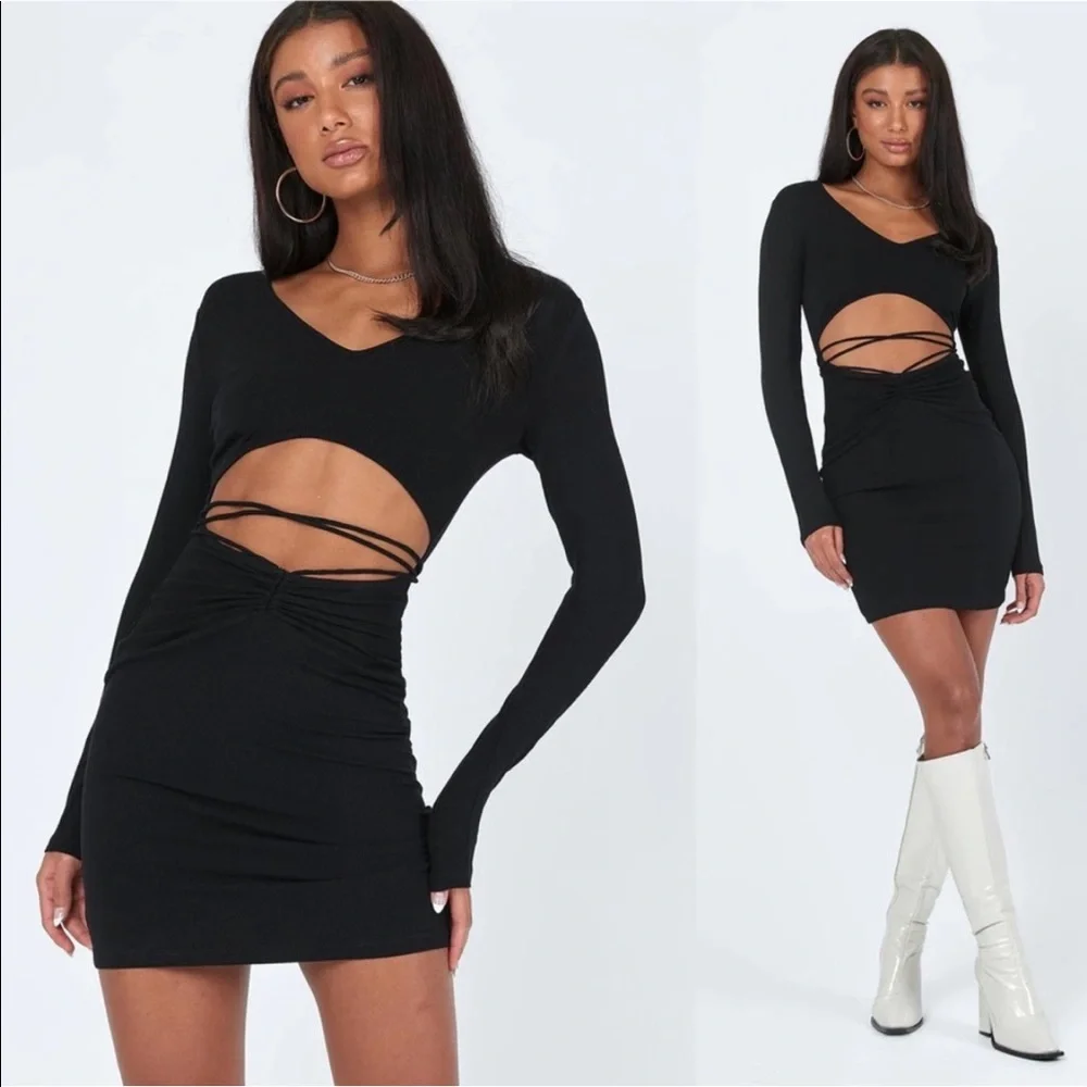 Princess Polly Noa Black Long Sleeve Ribbed Cut Out Criss Cross Tie Mini Dress - Picture 1 of 11